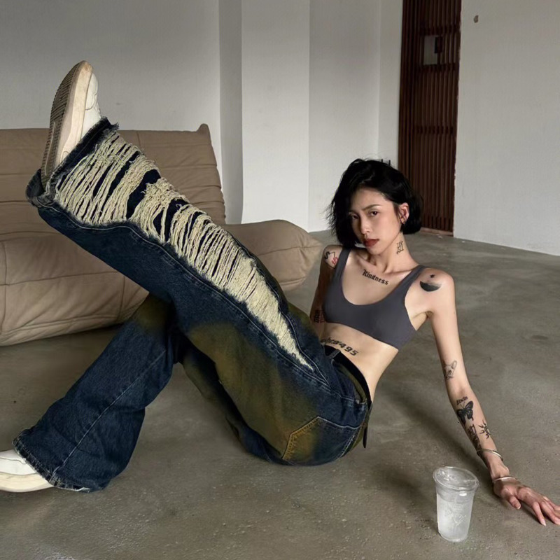 

Women's Pants s Vintage Ripped Jean Fashion Street Niche Stitching Trend Old High Waisted Jeans 2023 Spring Ins Loose Wide Leg 230512, Beige