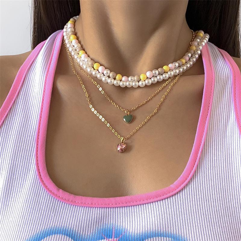 

Pendant Necklaces Elegant Colorful Beaded Pearl Pink Crystal Green Drip Glaze Heart Necklace For Women Girl Metal Charm Layered