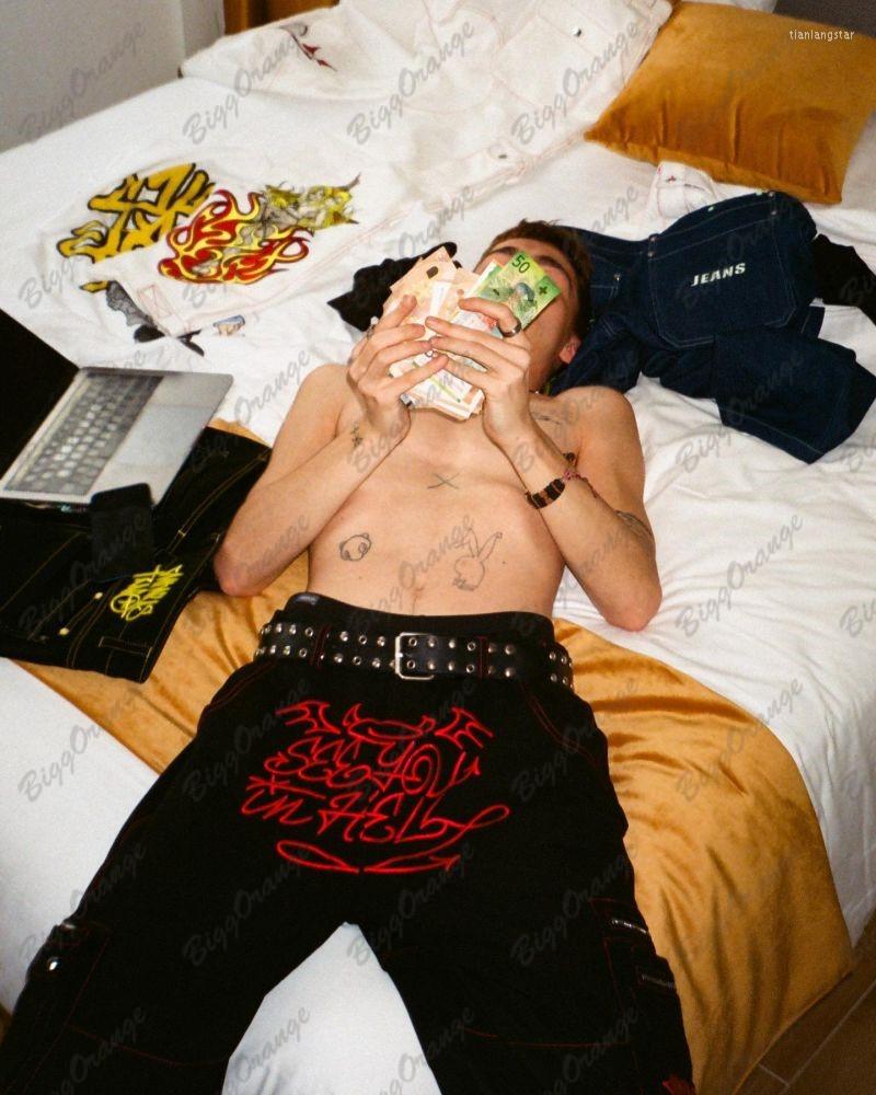 

Men' Jeans Gothic Devil And Letter Print White Denim Pants Y2K High Street Straight Wide Leg Hip-hop Men Dark Girl Pattern