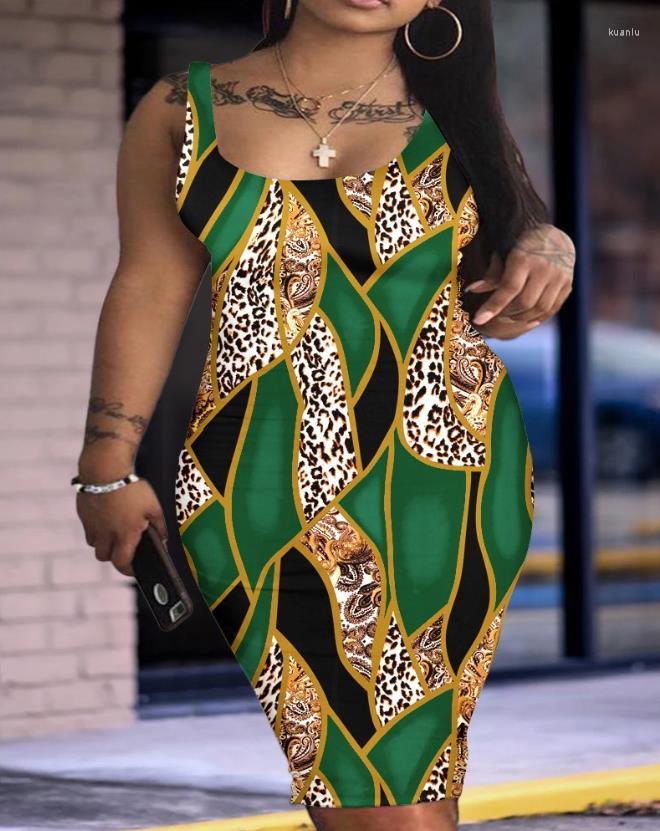 

Casual Dresses Sexy Mini Summer European & American Fashion Women's Skinny Baroque Leopard Print Sleeveless Bodycon Dress