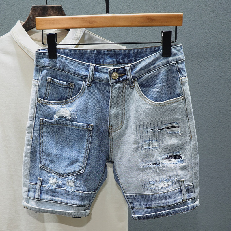 

Men's Shorts Slim Straight Jeans Shorts Men Personality Multi Pocket Mixed Color Stitching Patch Ripped Hole Denim Shorts Male Streetwear 230512, Blue