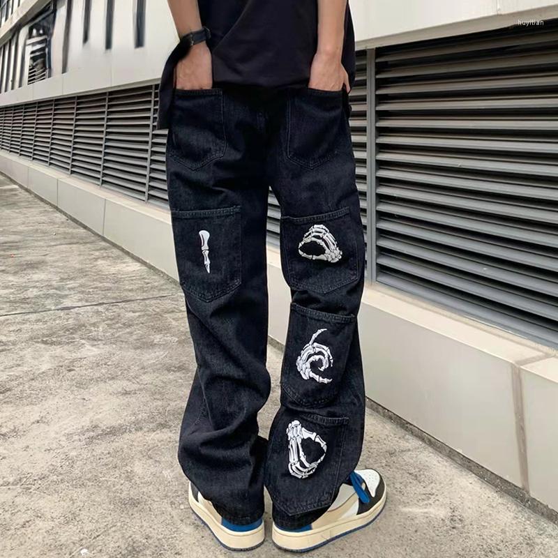 

Men' Jeans Hip Men' Y2K Clothes Casual Printed Women' Vintage Baggy Wide Leg Black Straight Trousers Pants For Men Goth