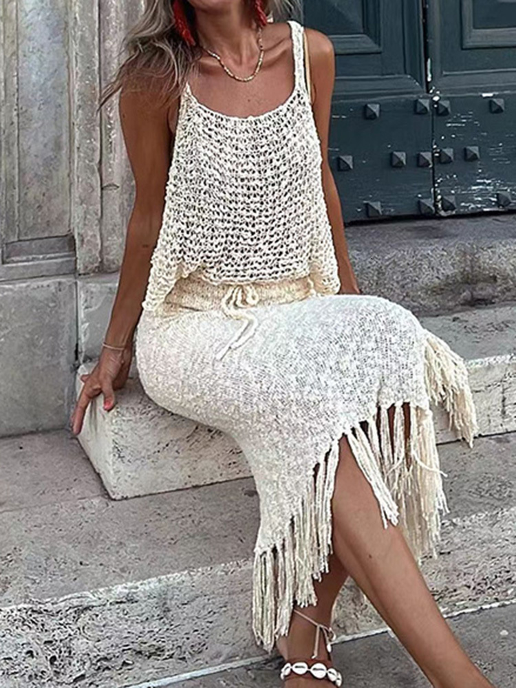 

Two Piece Dress Sets Knitted Camisole Blouse Tassel Skirts Women Sexy See Through Summer Mesh Beach Suits Hollow Out Sling Tops 230512, Apricot