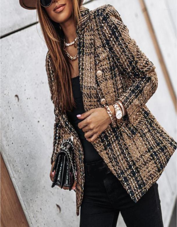 

Women039s Suits Women Blazers Coat Plaid Long Sleeve Double Breasted Clothes Lapel Collar Outerwear Garment Topcoat For Female 6804493, Khaki