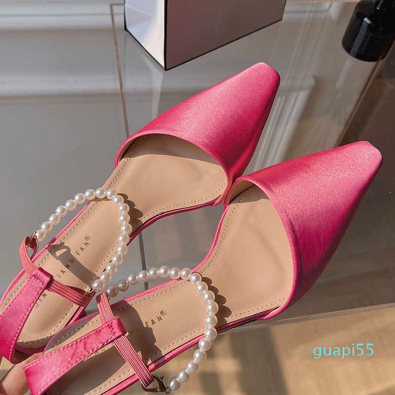 

Sandals Ladies Low High Heels Pumps Shoes 2023 Summer Fashion Silk Shallow Female Footwear Buckle String Bead Women Heeled, Rosy red