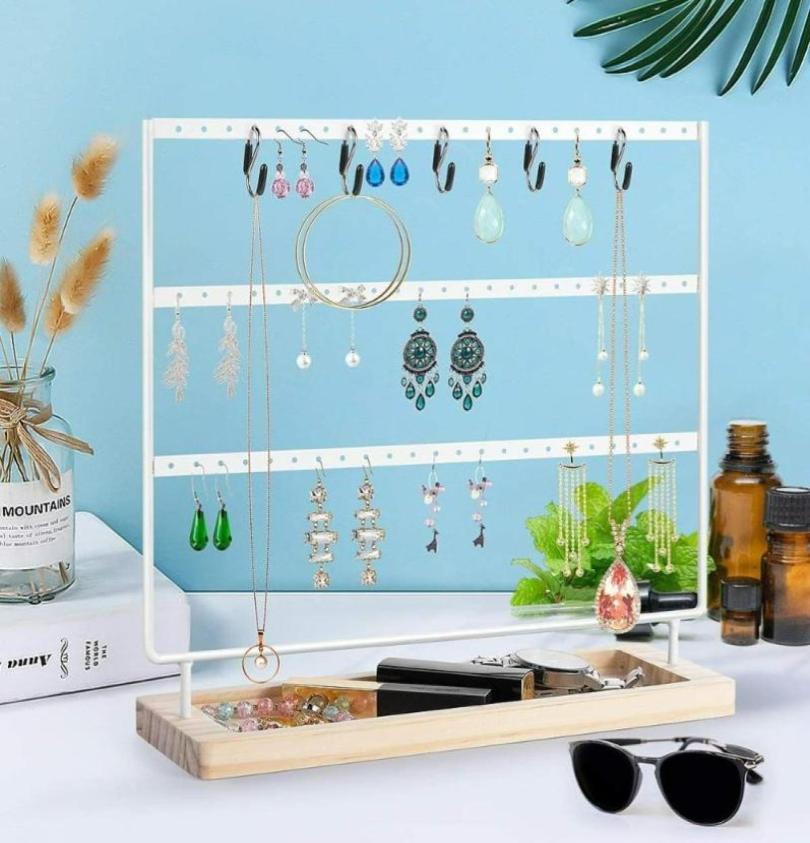 

Jewelry Pouches Bags Earrings Holder 3 Layers Organizer Display Tree Metal Wooden Base Earring Rack For Hang Ear Studs Bracelets 8150439