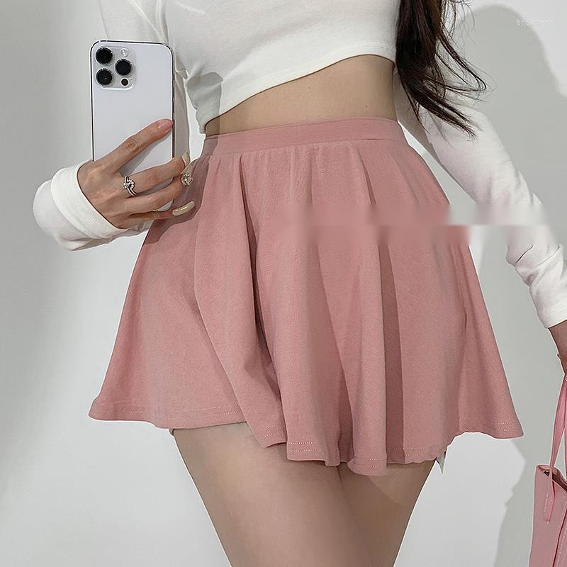 

Skirts Women's Summer WOMENGAG Short High Waist Pleated A-line Dress Sexy Anti Slip Casual Sports Miniskirt With Safety Pants GJQ2, Milk apricot color