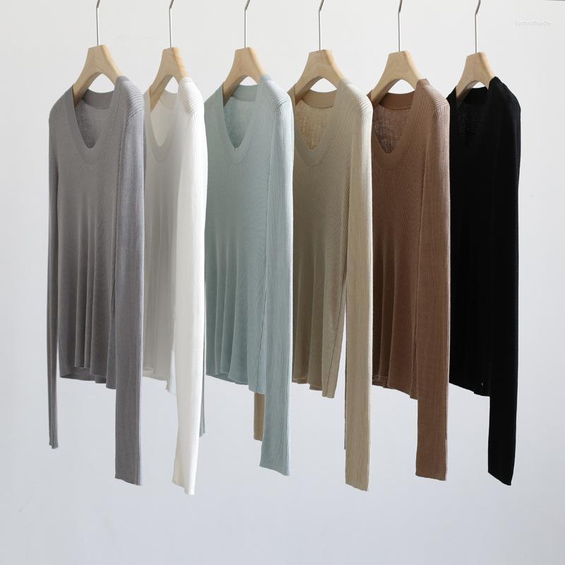 

Women's T Shirts Long-sleeved T-shirt Women's Spring Summer Thin Knit Pullover Basic Knitting Shirt Solid Color Bottoming Tops, Black