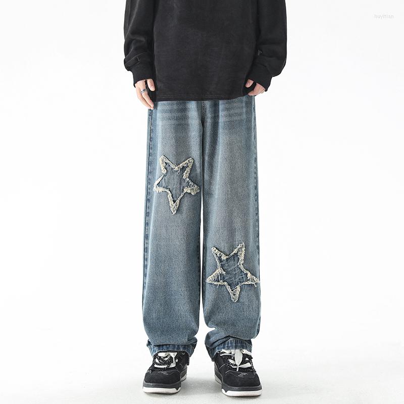 

Men' Jeans High Street Vibe Pants With Pentagram Patchwork Loose Fit Hip Hop Denim Trousers Y2K Style Bottoms Washed, Blue
