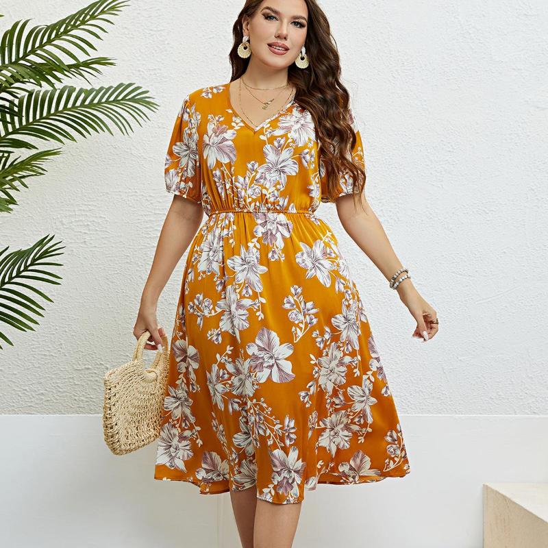 

Plus Size Dresses Casual Female Summer Yellow Printing V-neck Waist Dress Fashion Lady Elegant Large Women's Clothing, Sunflower