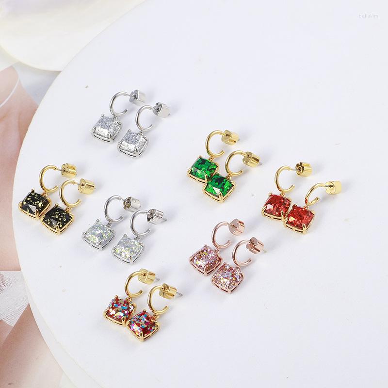 

Stud Earrings European And American Jewelry Wholesale Inlaid Colorful Candy Color Shining Square C-Shaped Sweet Fashion