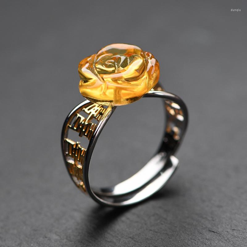 

Cluster Rings FNJ Amber Rose Flower 925 Silver Adjustable Size Open S92 Solid Ring For Women Jewelry Romantic