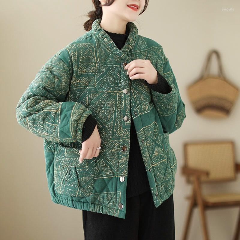 

Women's Trench Coats Women's Autumn Winter Ethnic Style Printed Parkas Single-breasted Loose Warm Plus Velvet Thick Cotton-padded Jacket, Blue-green