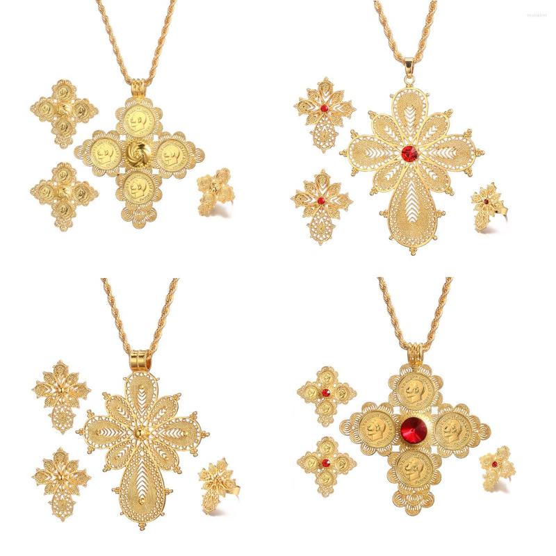 

Necklace Earrings Set Ethiopian Jewelry Big Coin Cross Pendant Necklaces Earrins Rings African Eritrean Habesha Wedding Accessories, Picture shown