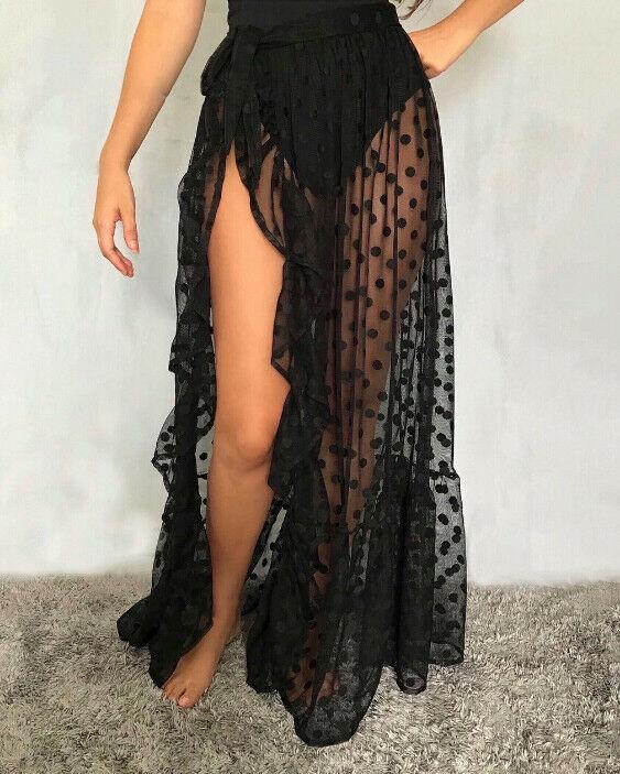 

Swimwear 2021 New Hot Summer Women's Mesh Sheer Polka Dot Long Split Skirts Sexy Beach Sunscreen Bikini Cover Up Wrap Skirt