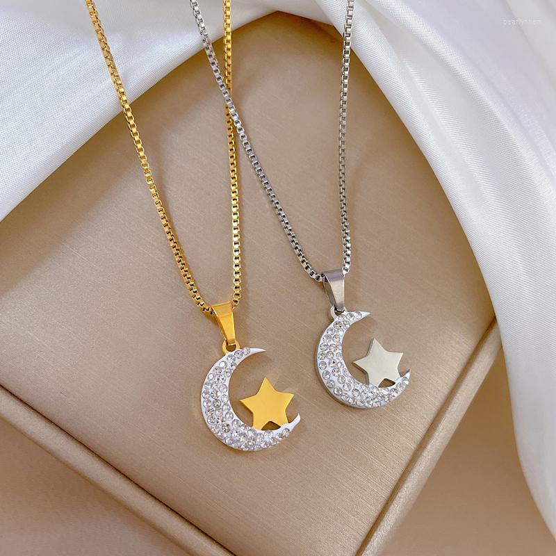 

Chains Greatera Trendy Stainless Steel Rhinestone Moon Star Pendant Choker Necklaces For Women Gold Silver Color Chain Necklace Jewelry
