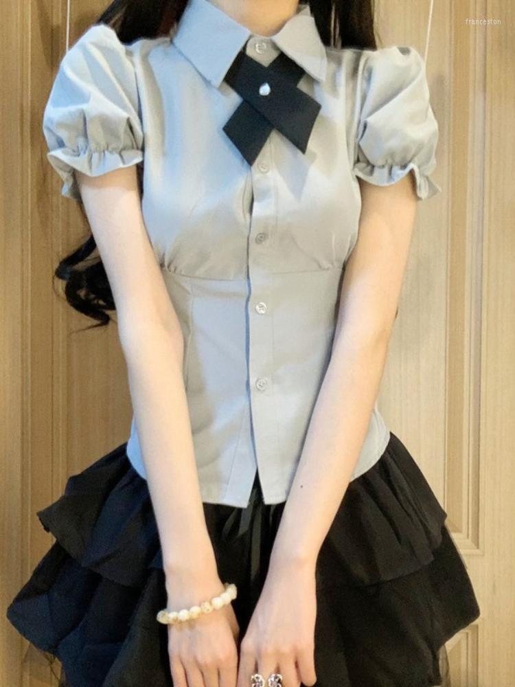

Women' Blouses Japanese Bow Patchwork Puff Sleeve Women Blouse Y2k Aesthetic All Match Fairy Turn Down Collar Blusas Fashion Preppy Slim, Only blouse