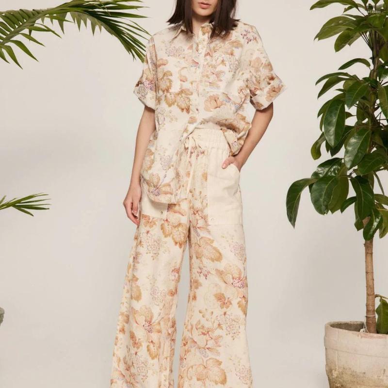 

Casual Dresses Retro Print Women Linen Set Turn-down Collar Single Breasted Shirt Elastic Waist Wide Leg Pants