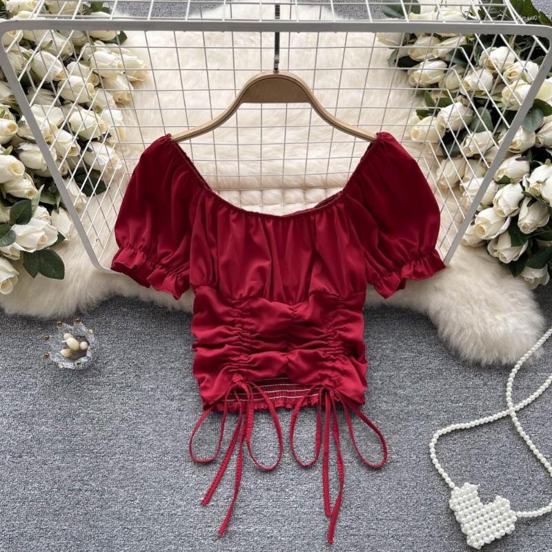 

Women's Blouses Sexy Slash Neck Puff Sleeve Chiffon Shirts Women 2023 Summer Solid Color Shirring Female French Style Short Top, Green