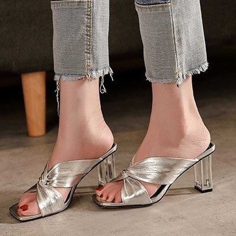 

Sandals Summer Square Toe Women Slippers Fashion Thin High Heel Ladies Mules Elegant Female Outside Slides Sandal Shoes 230417, White