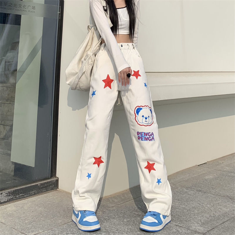 

Women's Pants 's White Kawaii Printed Jeans 2023 Spring and Autumn Loose Straight Leg High Waist Wide Pant 230512