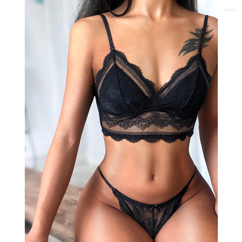 

Bras Sets Sexy Lace Perspective Underwear Women Backless Push Up Bra And Panty 2 Piece Brief Comfort Wireless Lingerie Set Lenceria, Bk
