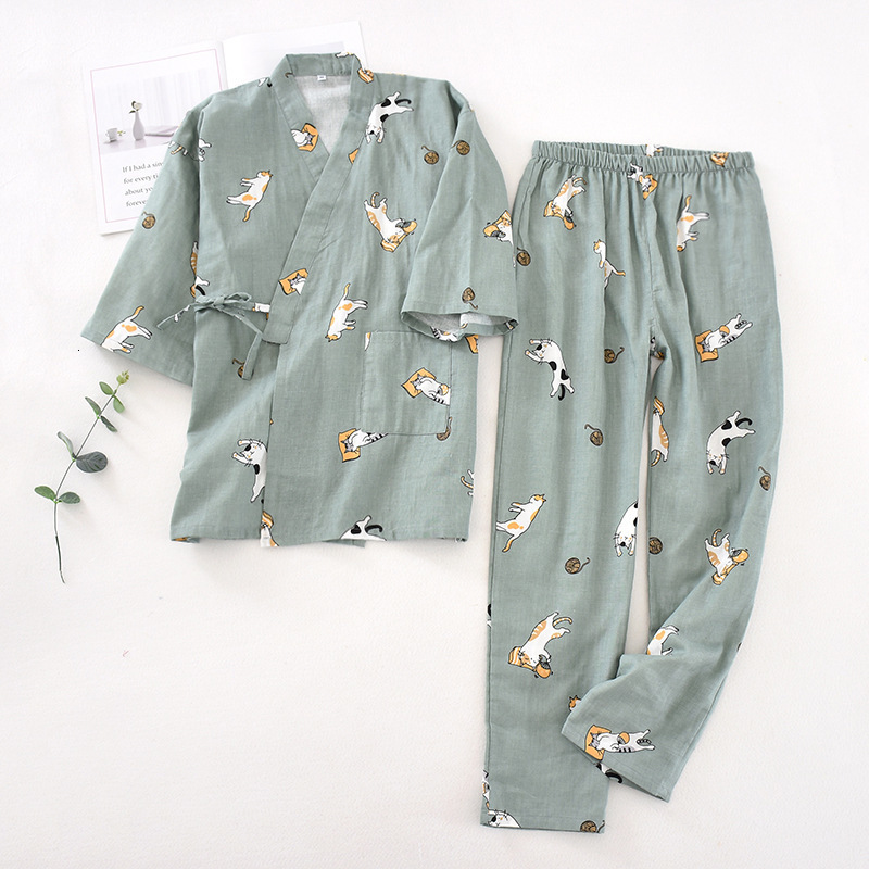 

Womens Sleepwear sevensleeve Japanesestyle kimono pajamas set female spring and autumn 100% cotton gauze home clothes cute sweet twop 230512, 15