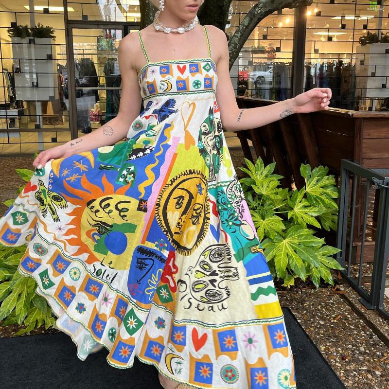 

Casual Dresses 2023 Spring Sexy Strapless Midi Linen Dress Holiday Style Multicolor Print Women, Multi