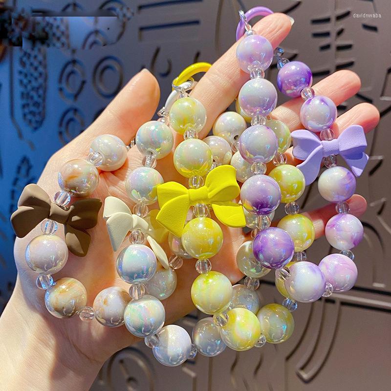 

Keychains Sweet Acrylic Bow Round Beads Key Chains Anti-Lost Mobile Phone Chain For Women Girls Airpods Lanyard Hanging Keyring Gifts