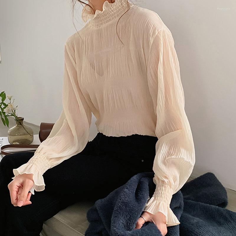 

Women's Blouses 2023 Spring Pleated Collar Flare SleeveTopsChiffon Blouse Women StandShirts Solid Female Fashion Office Lady, Beige