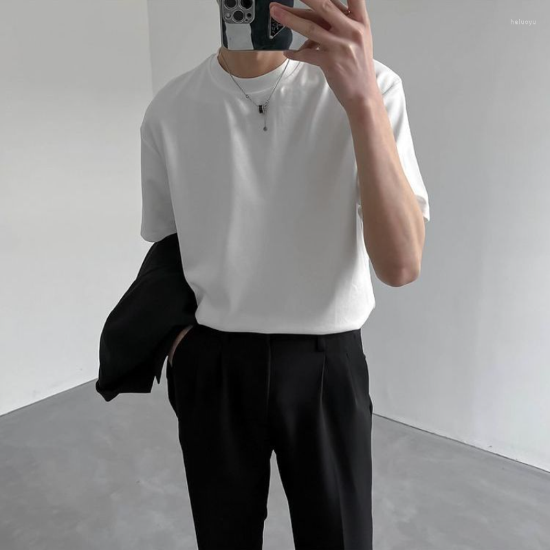 

Men's T Shirts Korean Short Sleeved T-shirt Men Round Neck Solid Color Harajuku Thin White Vintage Shirt For Half Bottoming, Black