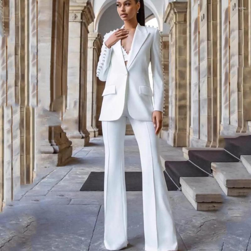 

Women' Two Piece Pants White Women Long Sleeve Pearl Beading Single Button 2023 Slim Office Lady Women' Set Celebrity Red Carpet Wear