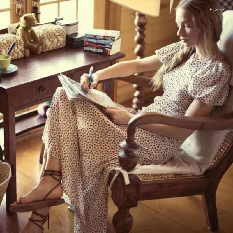 

Casual Dresses Women Print Midi Dress Bubble Sleeve Temperament Lady Long