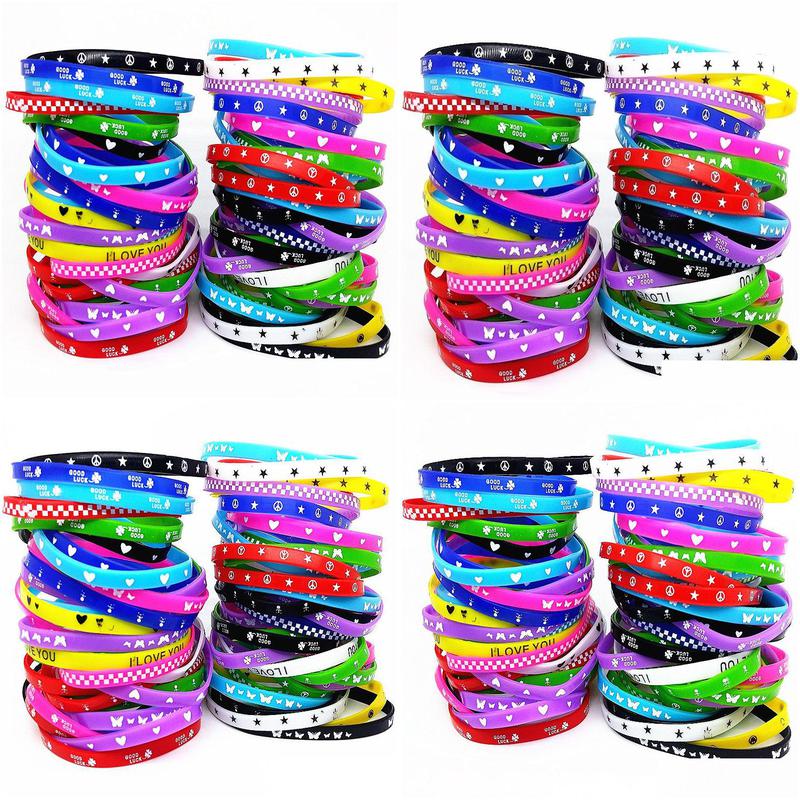 

Bangle 100Pcs Kids Sile Bracelet Wristband Children Boy Girl Assorted Colors Love Family Party Gift Mix Styles Wholesale 220517 Drop Dh3Ni