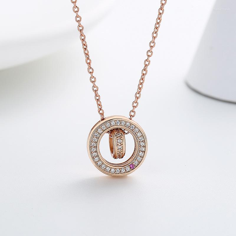 

Chains Delicate Double Round Anxiety Necklace For Women Rose Gold Plated Zircon Crystal Spinning Clavicle Chain Wedding Lucky Jewelry