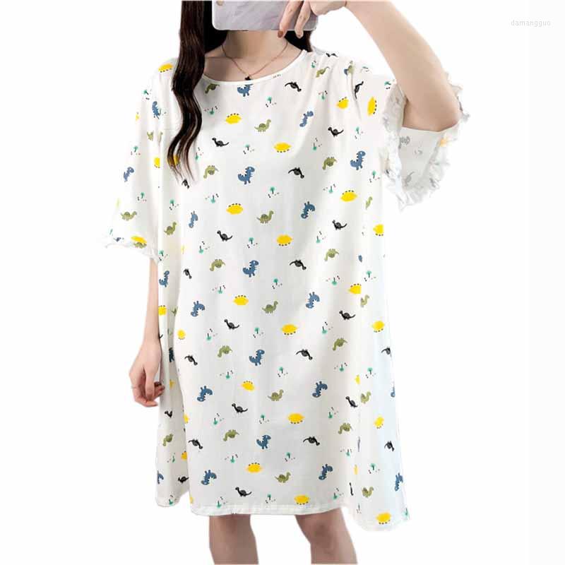 

Women's Sleepwear 2023 Nightdress Spring Summer Women's Dress High Quality Animal Print Short Sleeve Loose Cozy Soft O-neck Long KW437, Light blue