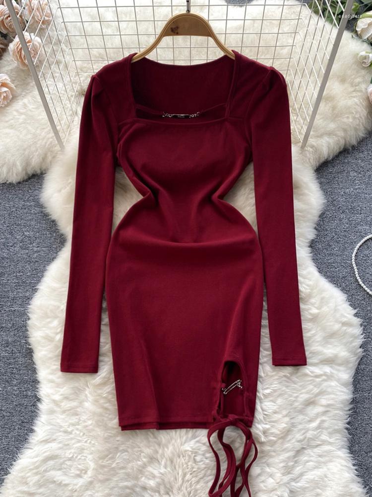 

Casual Dresses Hikigawa Chic Fashion Woman Autumn Long Sleeve Slim Fit Short Knitted For Women Solid Hollow Design Y2k Vestidos Mujer, Black