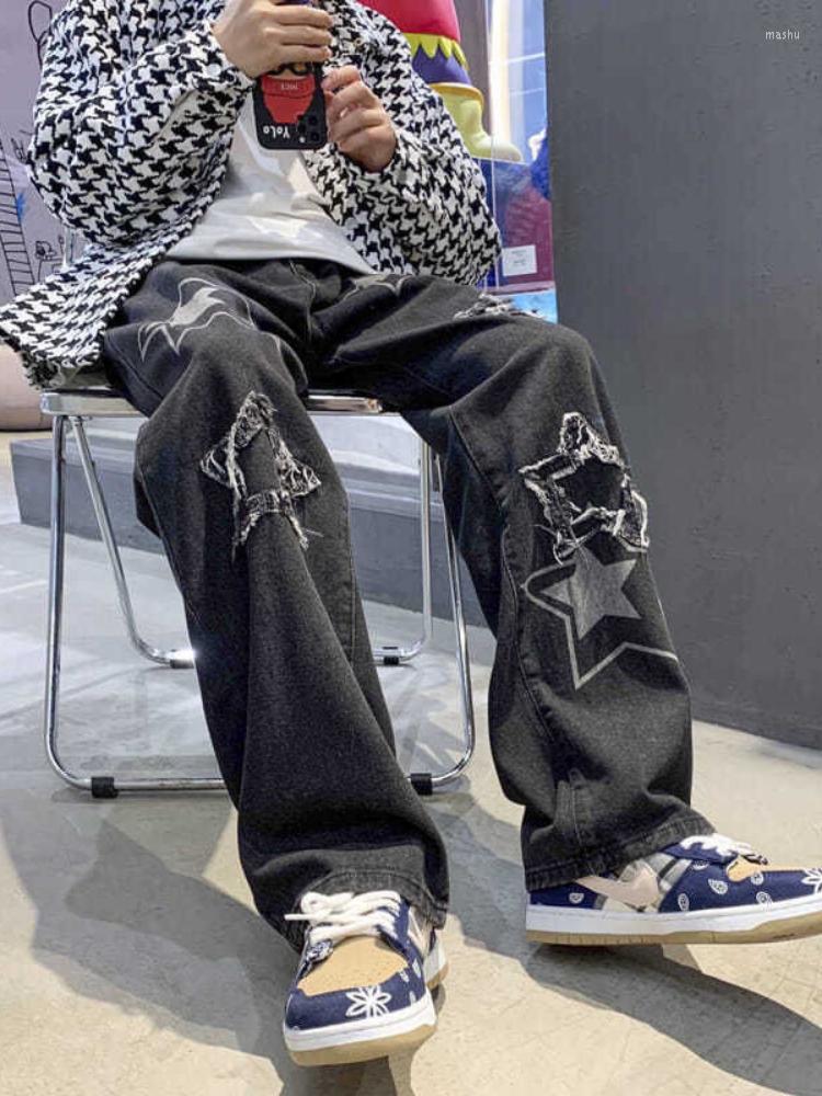 

Men' Jeans HOUZHOU Vintage Retro Washed Y2k Denim Pant Men High Street Streetwear Korean Fashion Kpop Patchwork 2023 Trouserss, Black