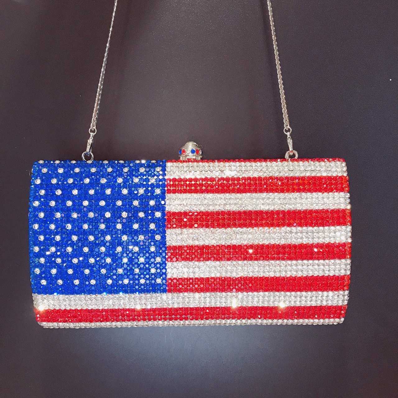 

American Flag Diamond Dinner Bag Horizontal Square Stripe Full Diamond Handheld Bag Banquet Women's Bag Clutch 230513