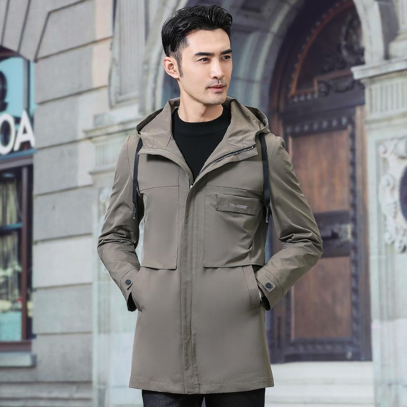 

Men's Jackets Mens Windbreaker Jacket Spring Fashion Clothing Men Hooded Coat Outdoor Solid Color Trench Overcoat, Khaki