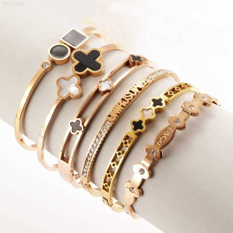 

Pdany Lucky Gold Four Leaf Clover Stainless Steel Round Openable Bracelet Fine Jewelry Bracelets Bangles