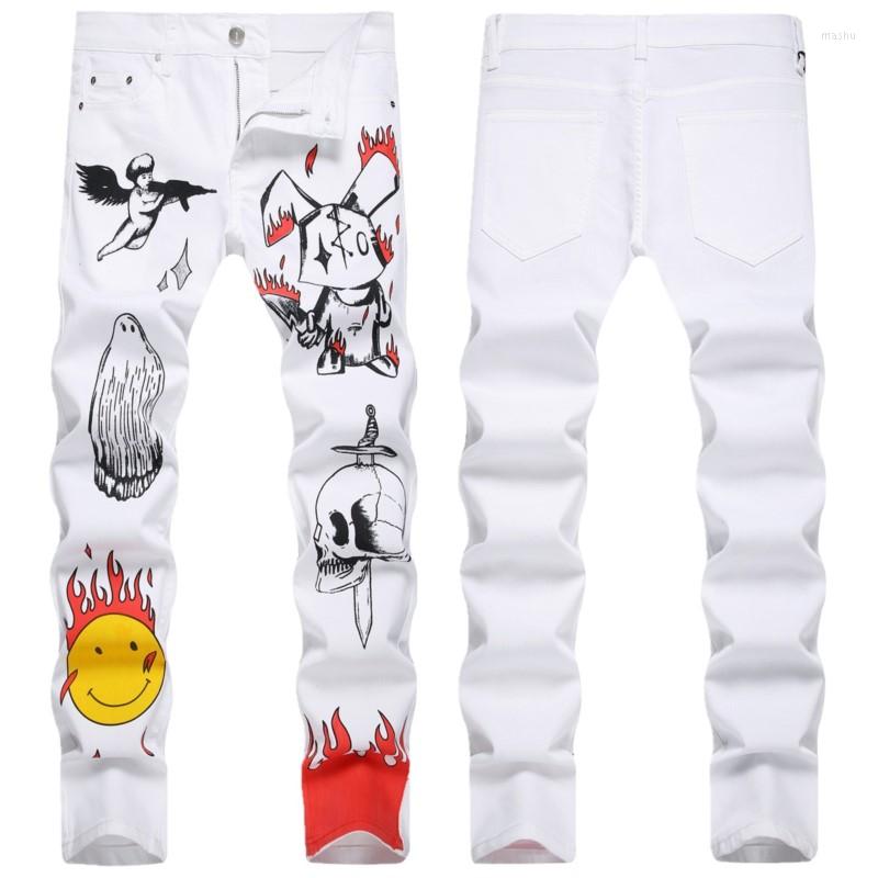 

Men's Jeans Y2K White Men Slim Fit Stretch Denim Pants Lovely Printed Trousers Male Punk Gothic Harajuku Skinny Hip Hop