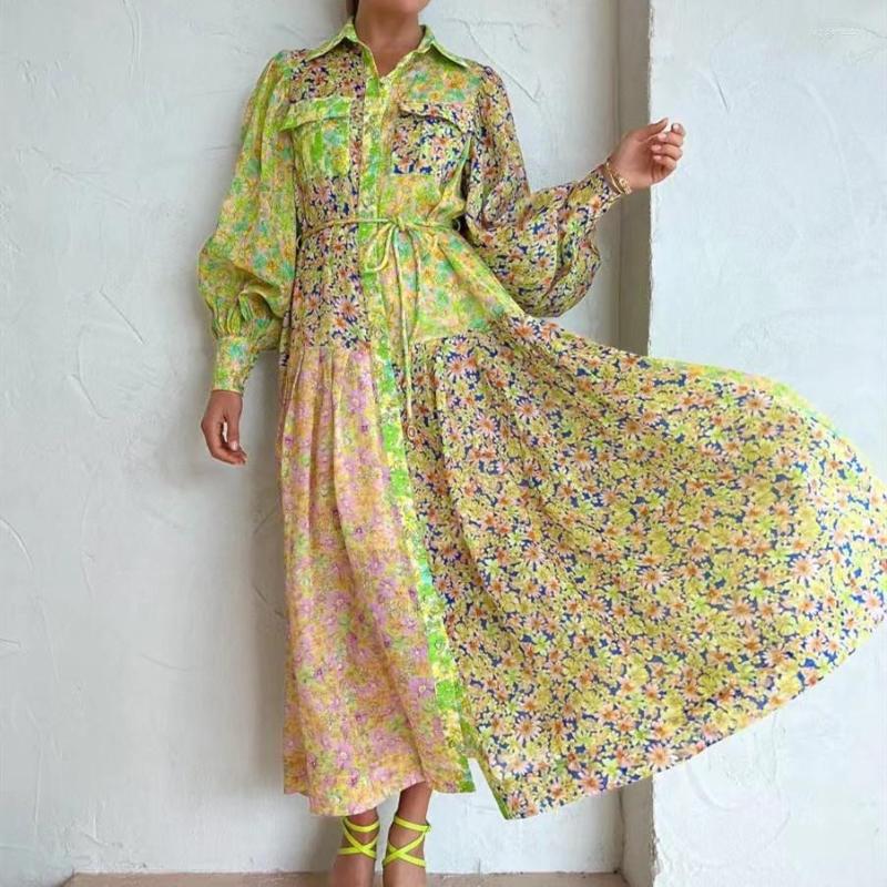 

Casual Dresses Ramie Women Floral Printed Dress Single Breasted Waist Lace-up Long Lantern Sleeve, Army green