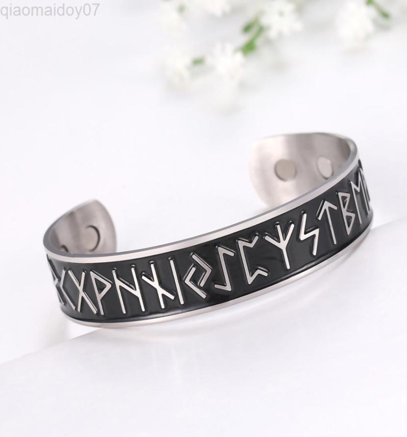 

Skyrim Stainless Steel Nordic Runes Viking Cuff Bangle Wicca Amulet Vintage Health Magnetic Bracelet Jewelry Gift For Men Women L28510551