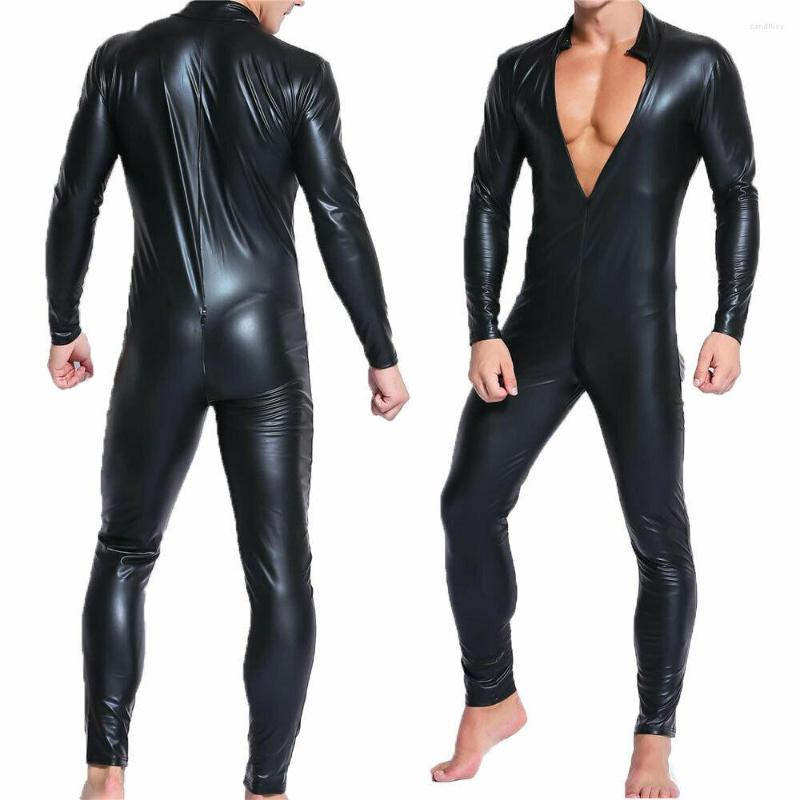 

Undershirts Mens PU Leather WetLook Zipper Bodysuits Bodycon Catsuit Jumpsuit One-piece Leotard Wrestling Singlet Dance Clubwear, Short sleeve rompers