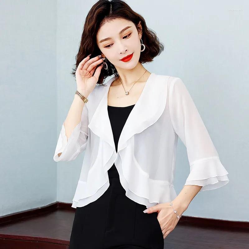 

Women's Blouses Chiffon Shawl Short Coat Women Spring Summer Sunscreen Ruffled Edge Seven Points Sleeve Tops Female Solid V-Neck Cardigan, Black