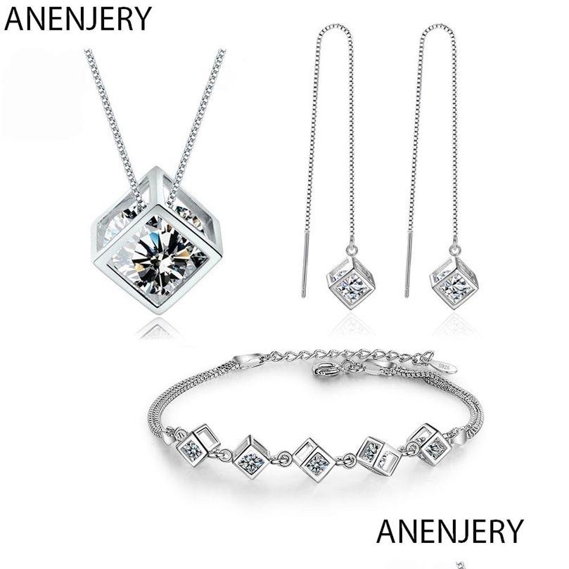 

Other Jewelry Sets Anenjery Sier Color Luxury Shiny Square Cube Necklace Earrings Bracelet For Women Gift Zircon Anniversary 220808 Dhcgr