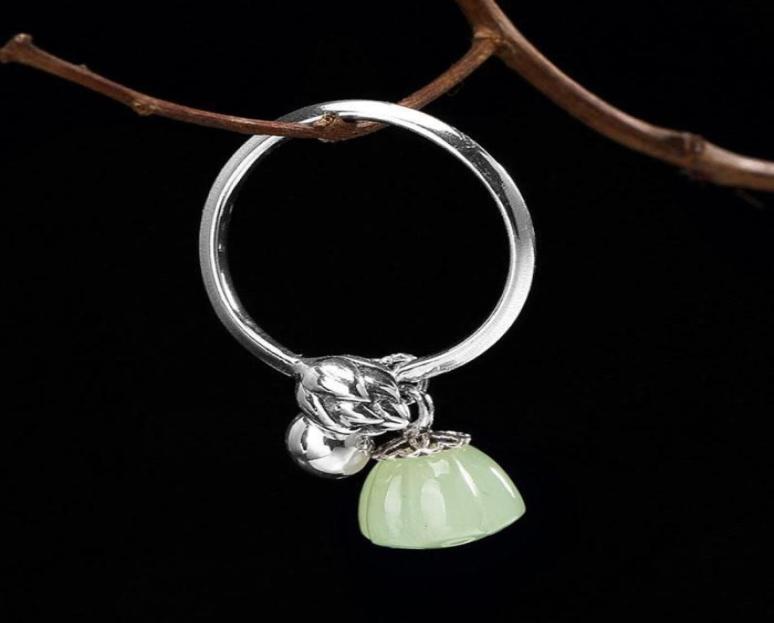 

S Sterling Silver Chinese Style Retro Jade Bell Female Model Simple Small Fresh Hetian Pendant Open Ring3069258