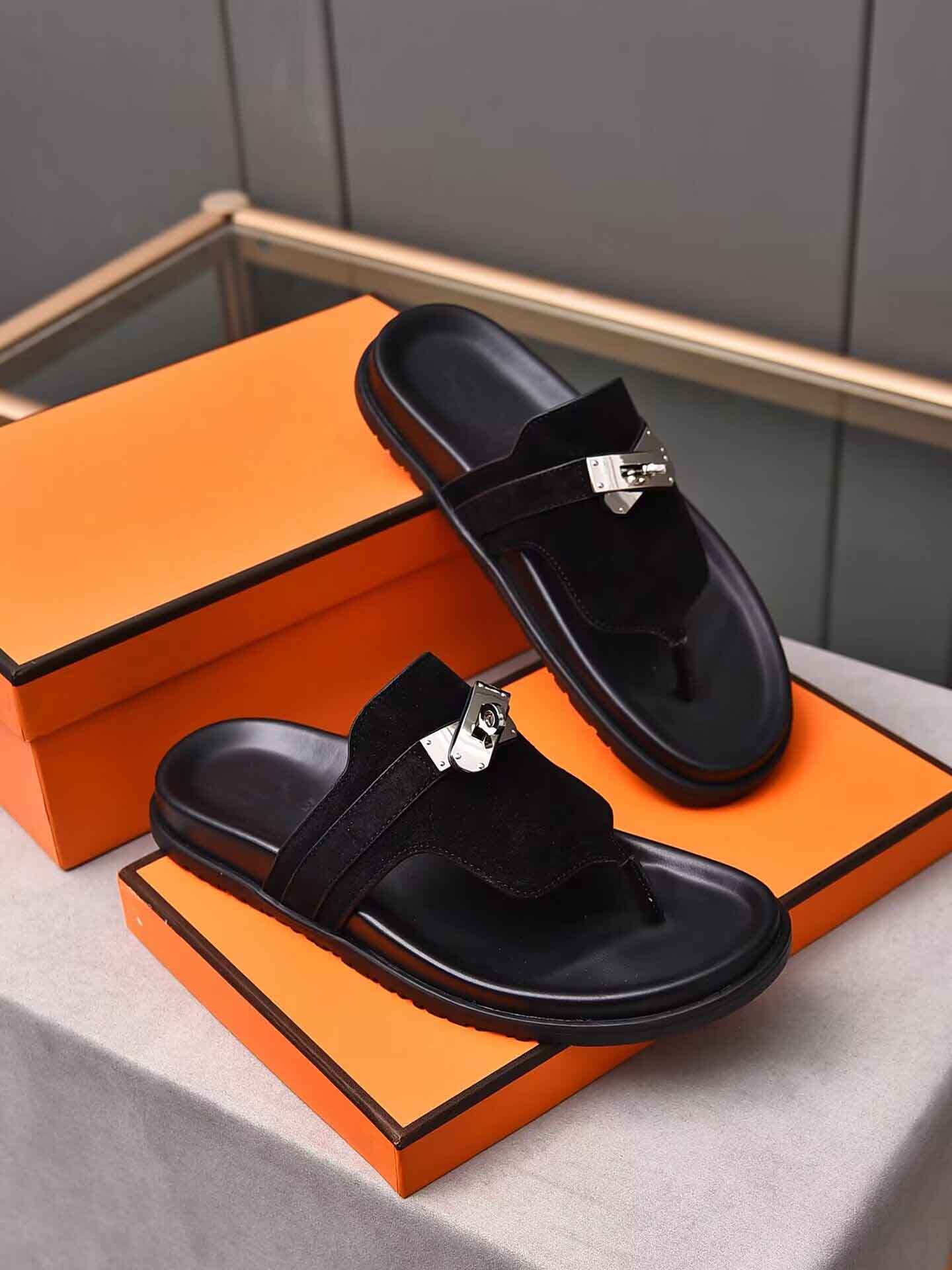 

Summer Luxury Men Empire Sandals Shoes Calfskin Leather Flip Flops Palladium-plated Kelly Buckle Slide Flats Anatomical Sole Comfort Walking EU38-46, B8