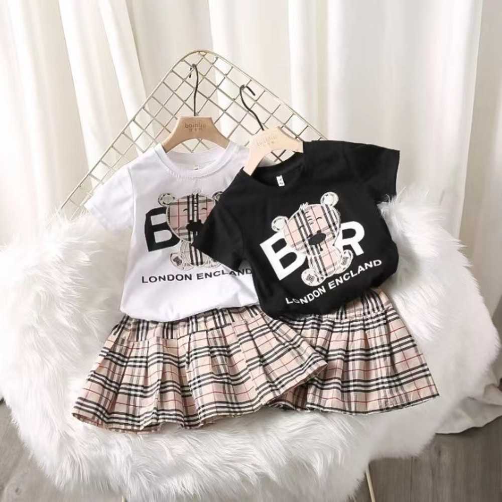 

girls summer clothing kids sets short sleeve top tshirt plaid skirts children baby clothes set 2pcs, White